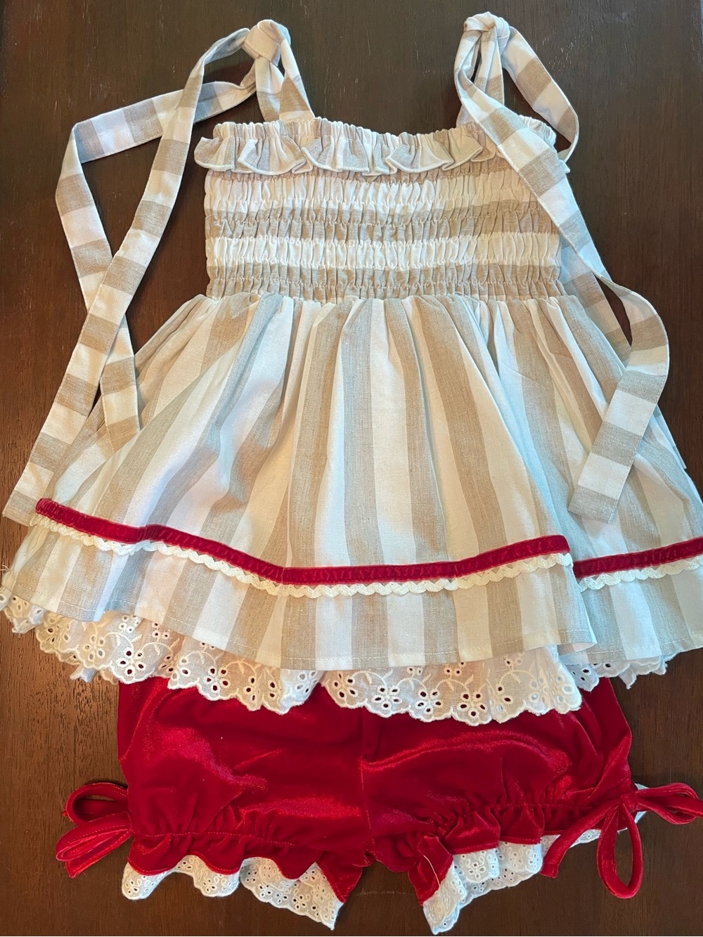 Girls Beige Stripe & Red Holiday Matching Set - Sleeveless Top with Red Bloomer
